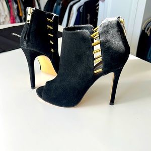 Gorgeous Black Peep Toe Suede Booties with gold Hardware